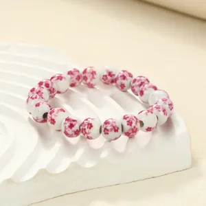 Ceramic beaded bracelet with pink floral pattern Chinese style porcelain jewelry accessory