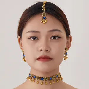 Bohemian ethnic style necklace earrings set with blue stone gold choker for women.