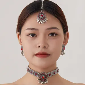 Indian vintage rhinestone choker necklace earrings maang tikka set for women fashion jewelry