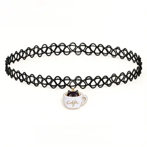 Black stretchy tattoo choker necklace with cute cat in coffee cup pendant fashion jewelry.