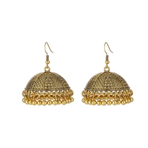 Exquisite vintage ethnic style gold jhumka tassel earrings for women fashion jewelry detail.