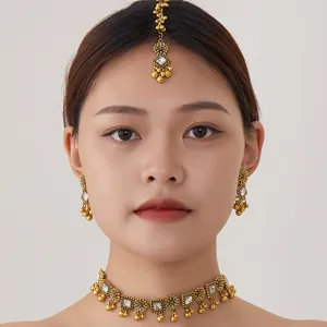 Bohemian ethnic gold choker necklace earrings set detailed view for women fashion accessories.