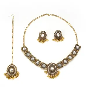 Indian vintage rhinestone necklace earrings maang tikka set for women fashion jewelry