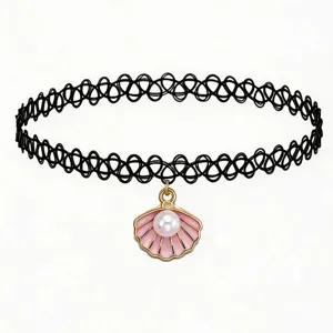Close-up detail of the black tattoo choker featuring a cute pink shell pearl pendant design.