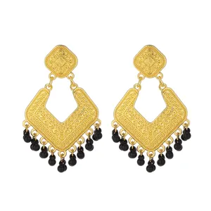 Vintage gold tone geometric drop earrings with elegant black bead dangles for women.