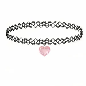 Black tattoo choker necklace with a cute translucent pink heart pendant for women and girls.