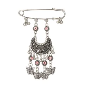 Bohemian retro carved pin with rhinestones and tassel design, vintage alloy fashion brooch.