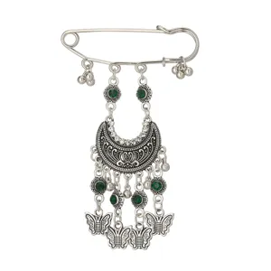 Bohemian vintage rhinestone tassel brooch pin detail, exquisite silver metal jewelry.