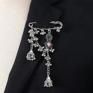 Bohemian Vintage Alloy Tassel Brooch Pin With Rhinestone And Bell Pendant For Women Fashion Suit Clothing Jewelry