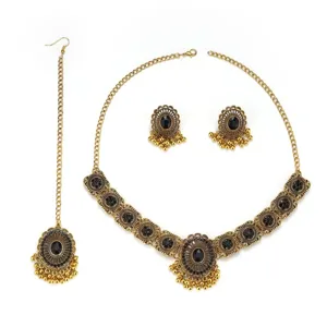Antique gold Indian jewelry set necklace earrings maang tikka black crystal vintage fashion