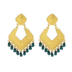 Vintage gold-toned hollow engraved diamond shape drop earrings with dark beaded fringe detail.