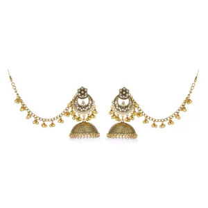 Vintage indische Jhumka Ohrringe mit Haarkette, Retro Glocken Quasten Schmuck für Damen Mode.