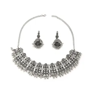 Bohemian vintage silver-plated ethnic necklace and earrings jewelry set for women