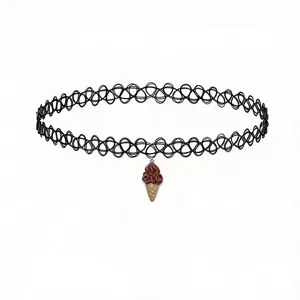 Detailed view of a stylish black tattoo choker necklace featuring a cute brown ice cream cone pendant.