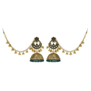 Traditionelle indische Jhumka Ohrringe in Goldoptik mit grünen Perlen für Damen.