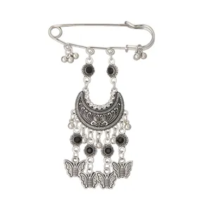 Vintage bohemian silver safety pin brooch with black rhinestones and tassel charms.