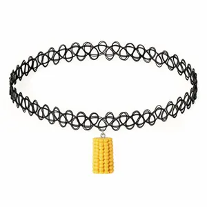 Black tattoo choker necklace with cute yellow corn pendant, trendy fashion jewelry for women.