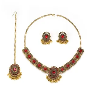 Detailed view of the Indian vintage gold-tone necklace, earrings, and maang tikka set.