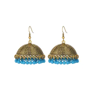 Vintage Indian Jhumka Earrings Ethnic Gold Tone Turquoise Beaded Dangle Earrings for Women