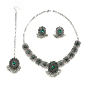 Indian vintage ethnic style green rhinestone necklace earrings maang tikka jewelry set