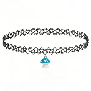 Detailed view of black tattoo choker necklace featuring a cute blue mushroom pendant.