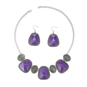 Vintage purple geometric necklace earrings set, fashion alloy statement jewelry for women.