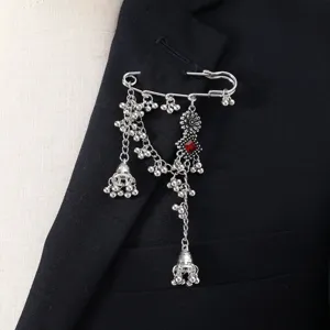 Bohemian vintage silver brooch pin with tassels bells and red stone for women fashion