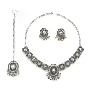 Vintage silver ethnic jewelry set necklace earrings maang tikka bohemian bridal set