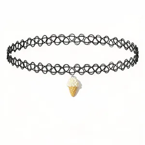 Black tattoo choker necklace with cute ice cream cone pendant detail shot for women