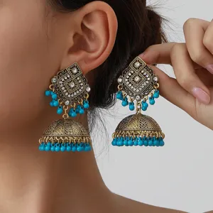 Vintage ινδικά σκουλαρίκια jhumka με τουρκουάζ χάντρες και στρασάκια για γυναικεία μόδα.