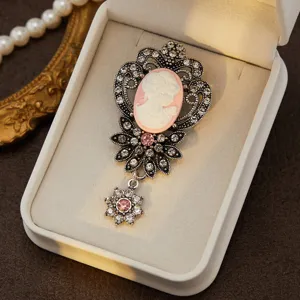 Vintage cameo brooch antique silver rhinestone pin for women elegant fashion jewelry gift