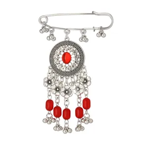 Spilla Vintage Strass Argento Stile Etnico Pietra Rossa Spilla Vista Dettaglio