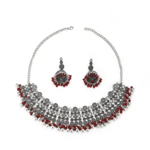 Bohemian ethnic alloy necklace and earrings set with red beads, retro tassel design.