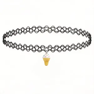 Close-up detail view of the cute ice cream pendant on the stylish black stretch choker.