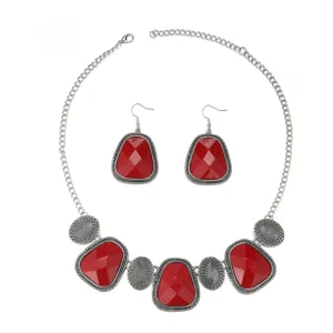 Bohemian red stone necklace and earrings jewelry set, vintage ethnic design detail showcase.