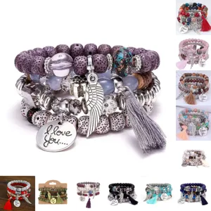 Bohemian Multi-Layer Beaded Bracelet Set Ethnic Vintage Stone Crystal Alloy Bangles Fashion Jewelry For Women Gift