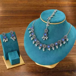 Bohemian ethnic style necklace earrings set, vintage silver-tone blue stone jewelry.
