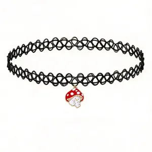 Cute mushroom kitten pendant black tattoo choker necklace, trendy aesthetic jewelry detail.