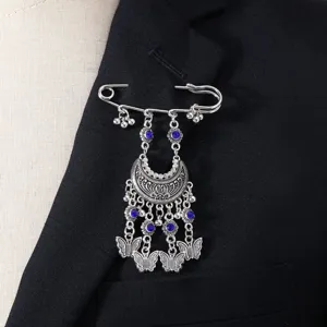 Bohemian retro carved brooch with blue rhinestones and elegant hanging tassel butterfly details.