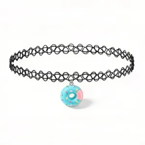 Close-up detail of a black tattoo choker necklace featuring a cute blue donut pendant.