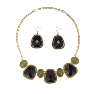 Vintage style geometric black stone pendant necklace and matching drop earrings jewelry set.