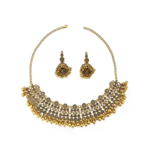 Boho vintage antique gold ethnic necklace and bell earrings set detail view for women fashion.