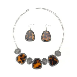 Detailed view of retro tortoiseshell alloy necklace and earrings set, chic ethnic jewelry.