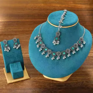 Bohemian vintage silver green stone necklace earrings and head chain jewelry set for women.