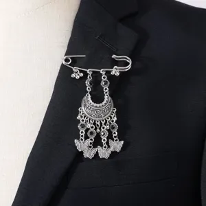 Vintage bohemian rhinestone tassel safety pin brooch detailed view for fashion apparel