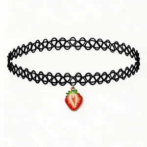 Black tattoo choker necklace featuring a cute red strawberry pendant, sweet and retro style.