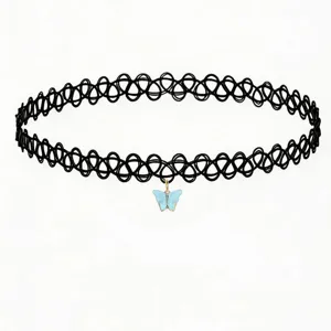 Black tattoo choker necklace featuring a cute blue butterfly pendant, stylish and trendy jewelry.