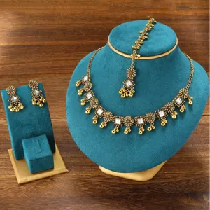 Ethnic boho antique gold necklace earrings maang tikka jewelry set bohemian style
