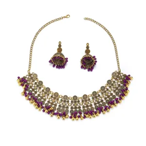 Bohemian vintage gold tone alloy bell choker necklace and matching purple jhumka earrings set.
