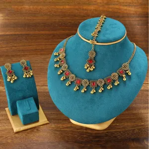 Bohemian ethnic vintage gold red stone necklace earrings and headpiece fashion jewelry set.